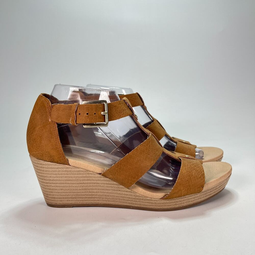 Dr. Scholl's Barton Brown Snake Print Buckle Wedge Platform Sandals Womens Sz 9M